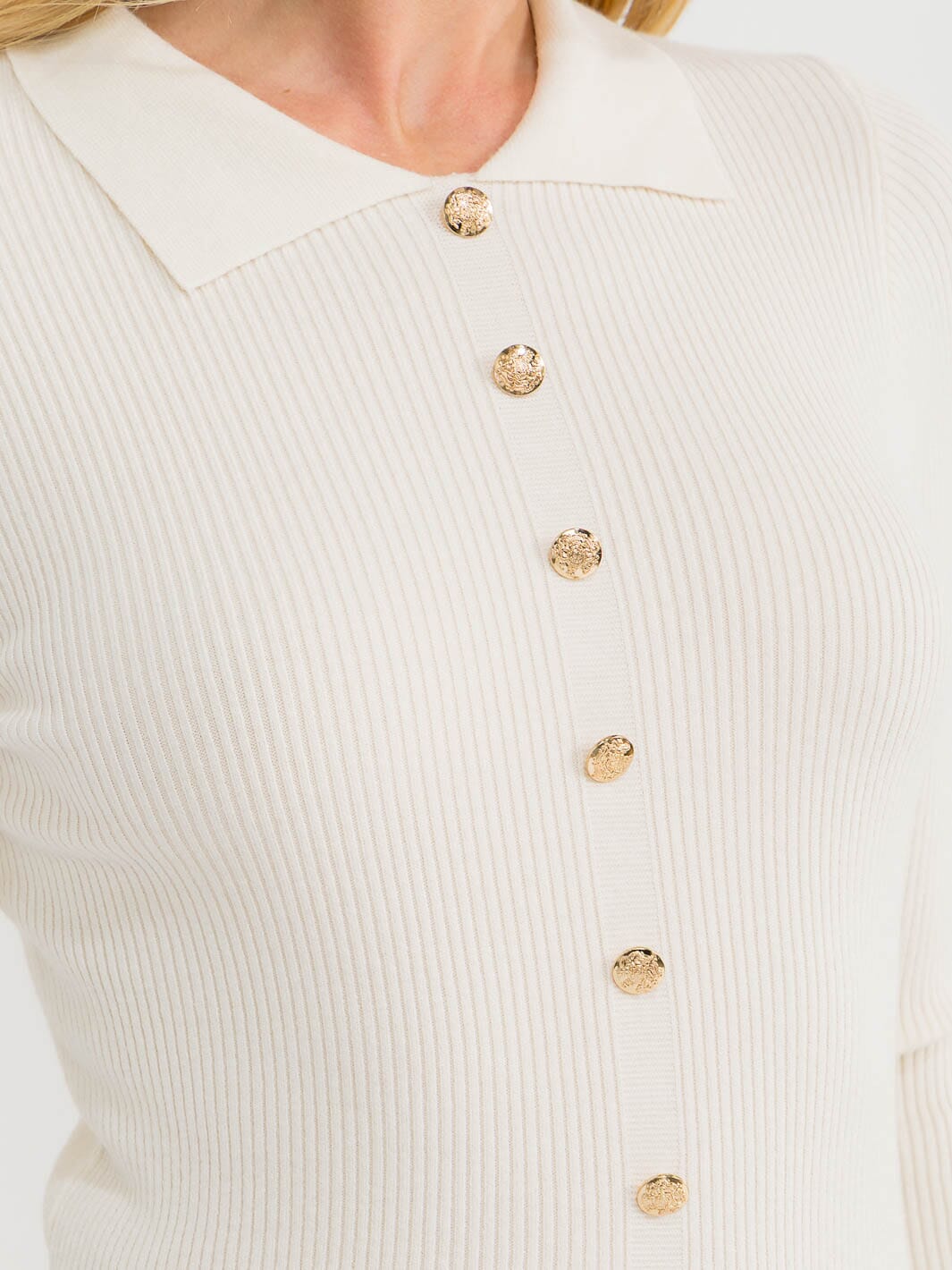 WOMEN'S LONG SLEEVE BUTTONS DETAILED RIBBED BLOUSE
