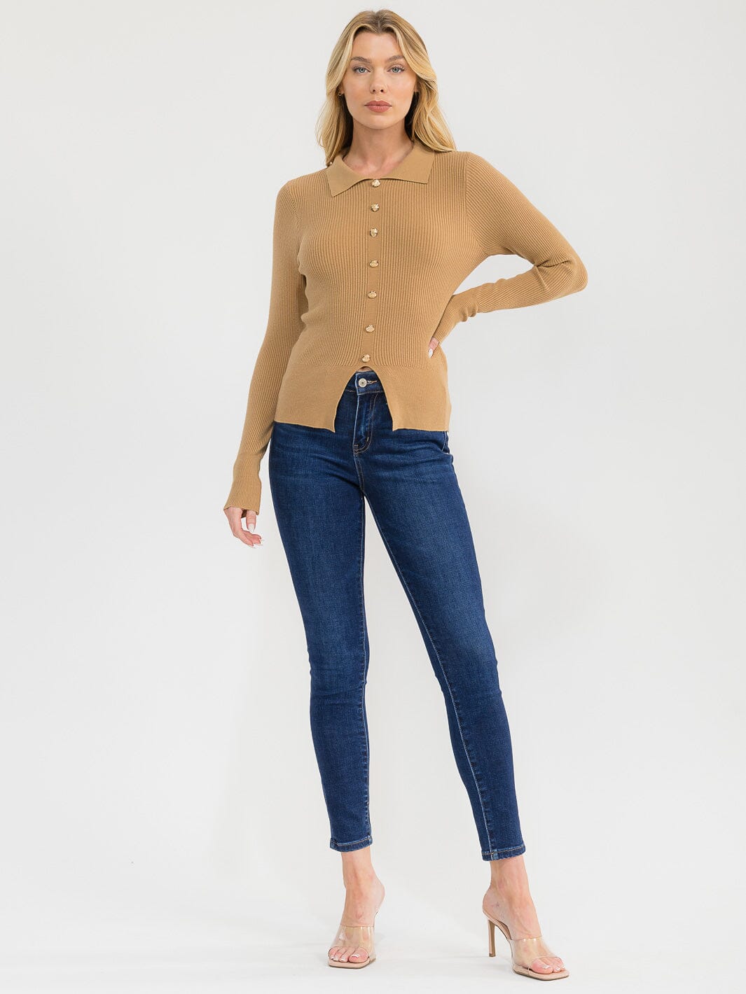 WOMEN'S LONG SLEEVE BUTTONS DETAILED RIBBED BLOUSE