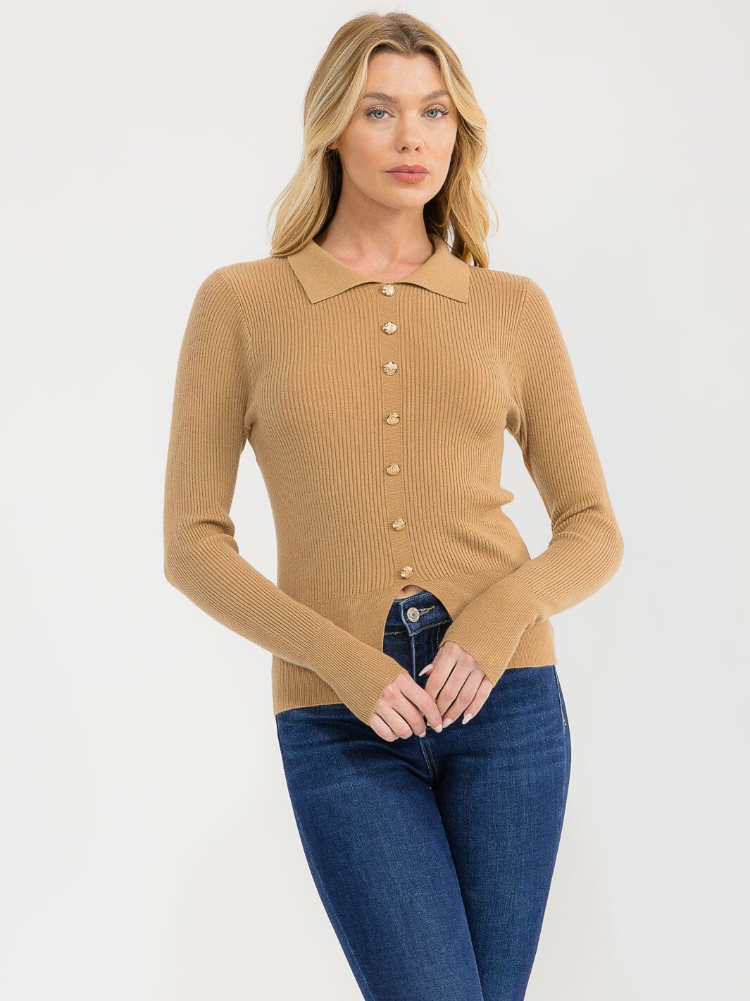 WOMEN'S LONG SLEEVE BUTTONS DETAILED RIBBED BLOUSE