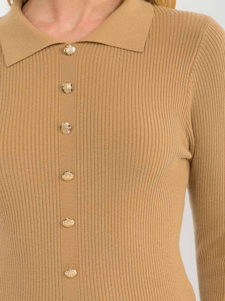 WOMEN'S LONG SLEEVE BUTTONS DETAILED RIBBED BLOUSE