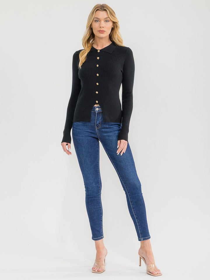 WOMEN'S LONG SLEEVE BUTTONS DETAILED RIBBED BLOUSE