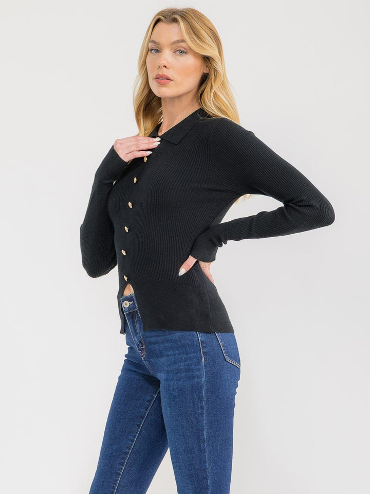 WOMEN'S LONG SLEEVE BUTTONS DETAILED RIBBED BLOUSE