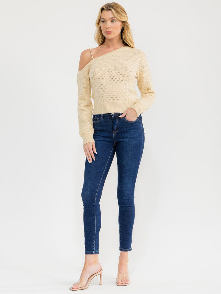 WOMEN'S LONG SLEEVE ONE SHOULDER KNIT BLOUSE
