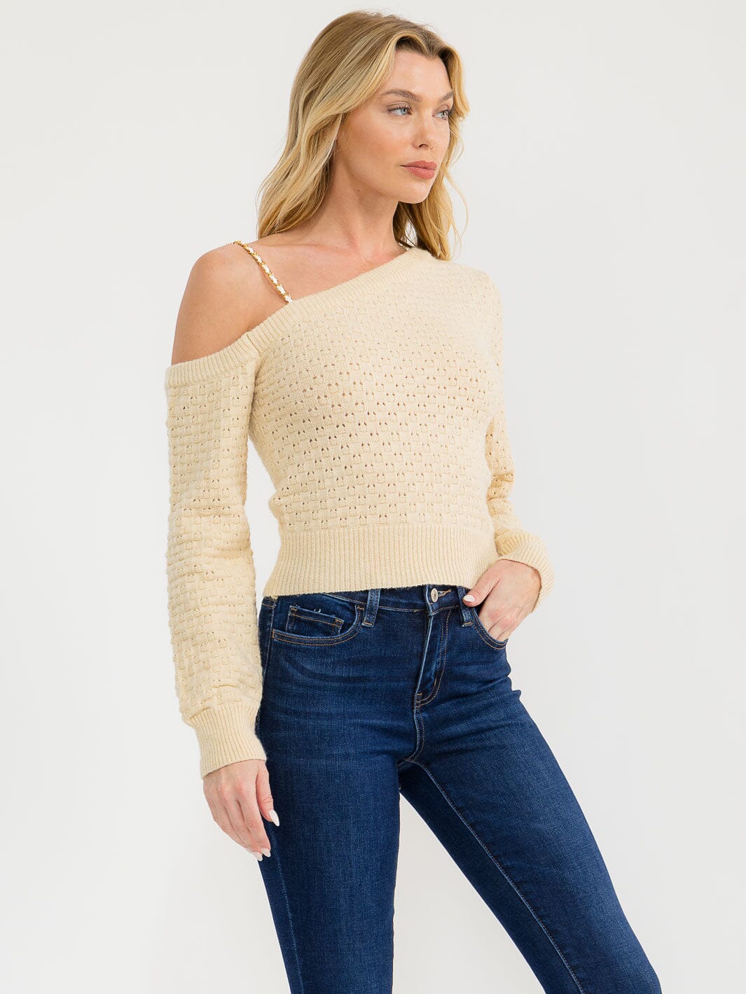 WOMEN'S LONG SLEEVE ONE SHOULDER KNIT BLOUSE
