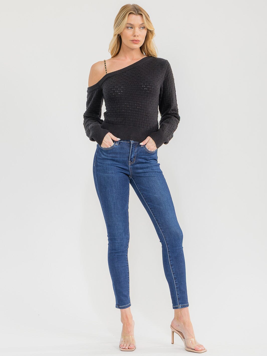 WOMEN'S LONG SLEEVE ONE SHOULDER KNIT BLOUSE