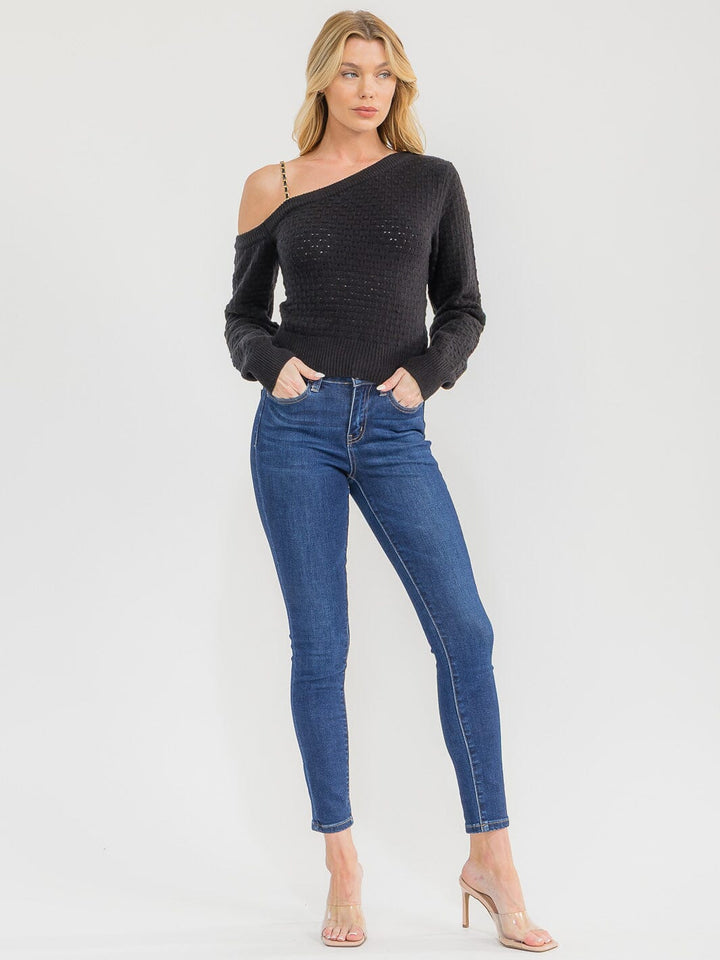 WOMEN'S LONG SLEEVE ONE SHOULDER KNIT BLOUSE