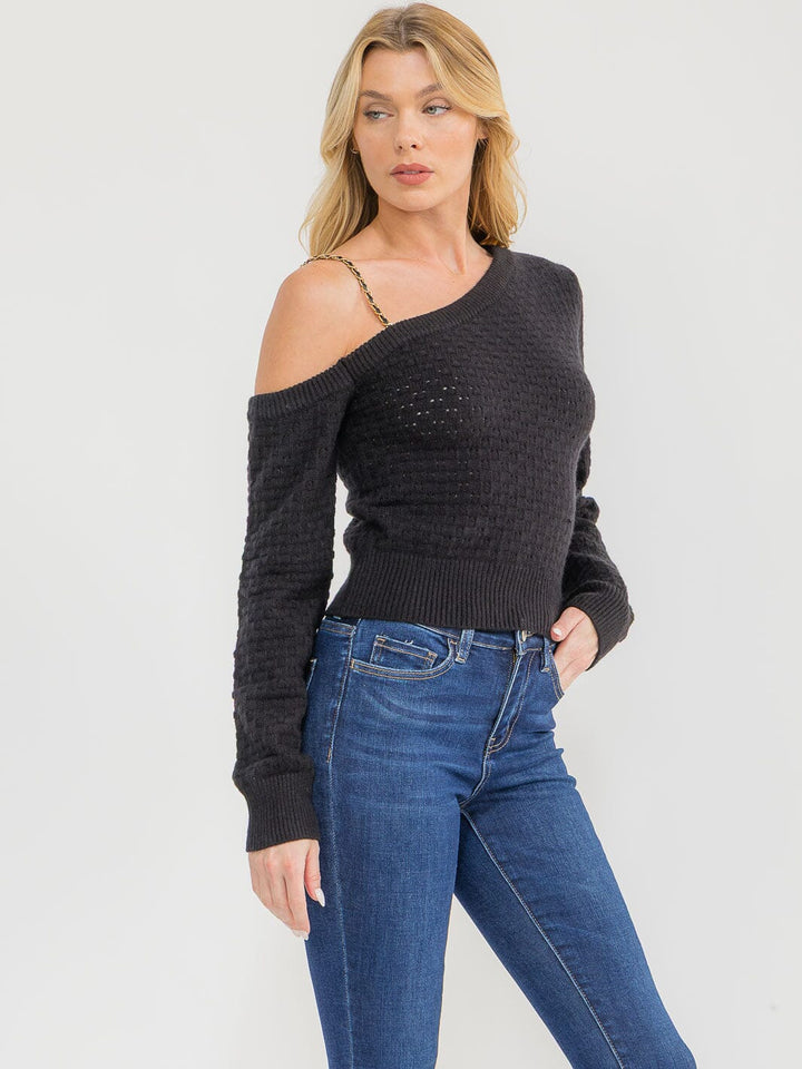 WOMEN'S LONG SLEEVE ONE SHOULDER KNIT BLOUSE