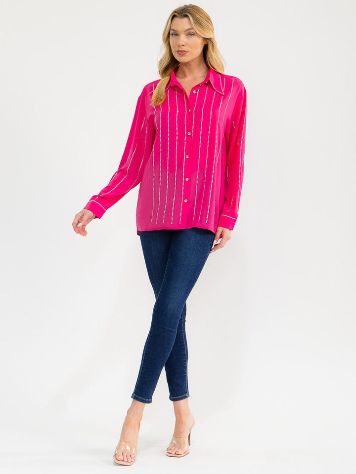 WOMEN'S LONG SLEEVE BUTTON UP STUDS DETAILED BLOUSE