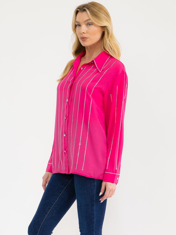 WOMEN'S LONG SLEEVE BUTTON UP STUDS DETAILED BLOUSE