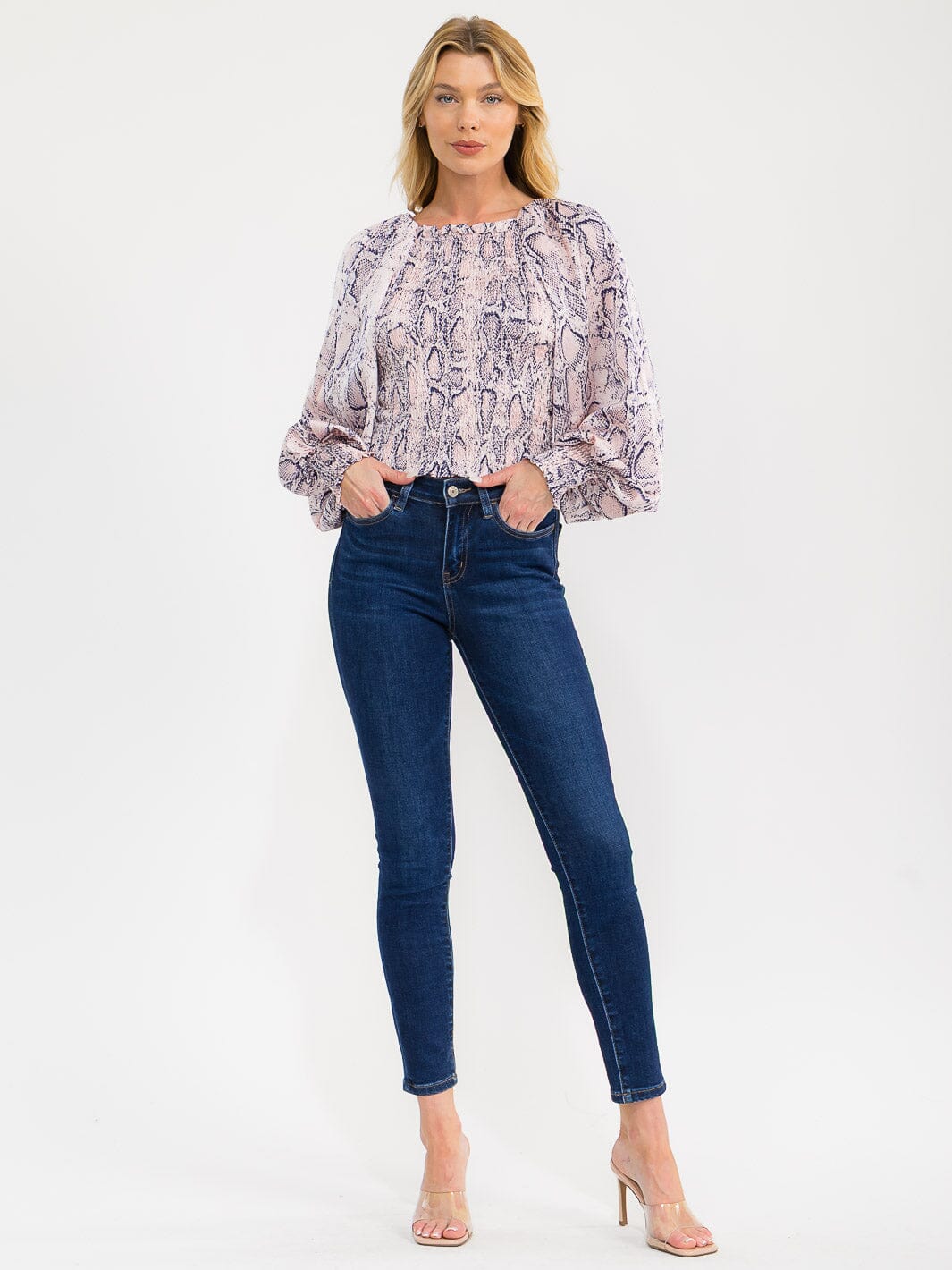 WOMEN'S LONG BALLOON SLEEVE OFF SHOULDER SMOCK ANIMAL PRINT BLOUSE