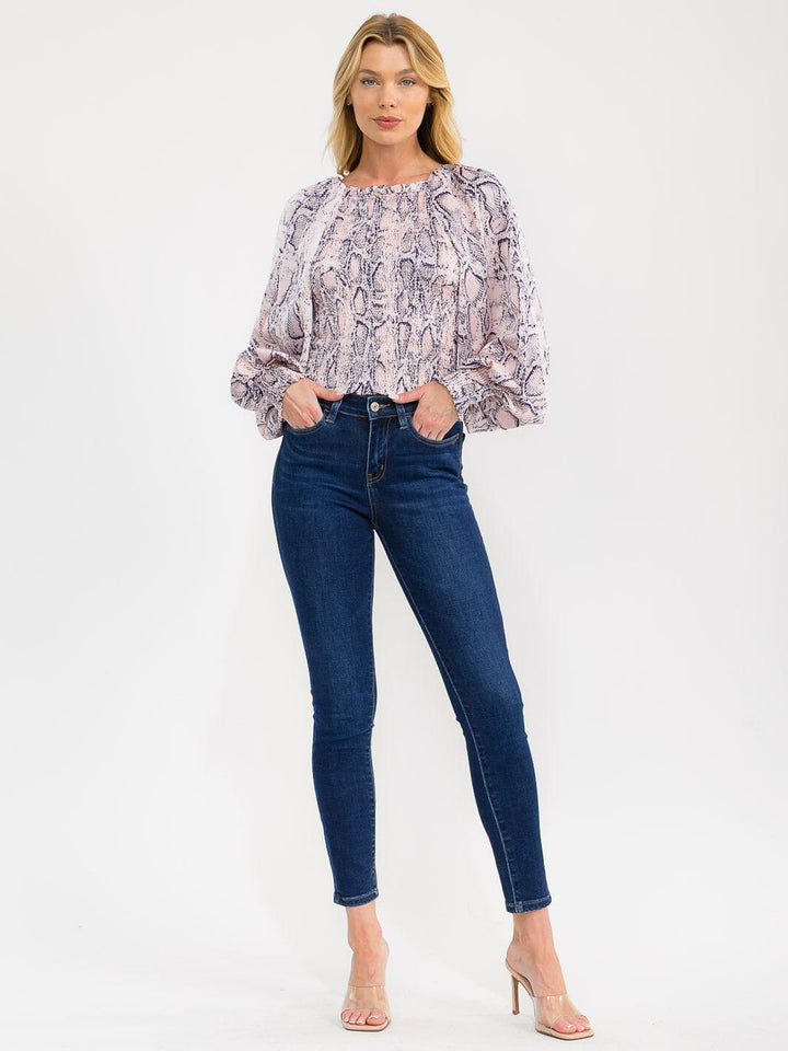 WOMEN'S LONG BALLOON SLEEVE OFF SHOULDER SMOCK ANIMAL PRINT BLOUSE