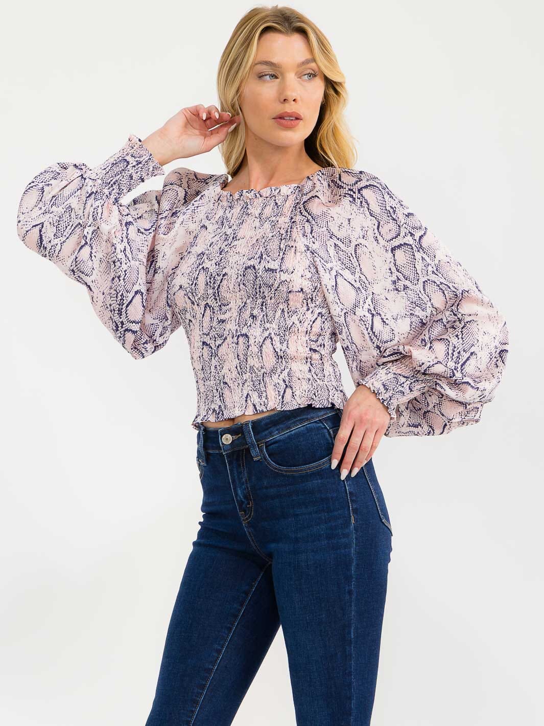 WOMEN'S LONG BALLOON SLEEVE OFF SHOULDER SMOCK ANIMAL PRINT BLOUSE