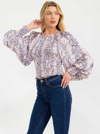 WOMEN'S LONG BALLOON SLEEVE OFF SHOULDER SMOCK ANIMAL PRINT BLOUSE