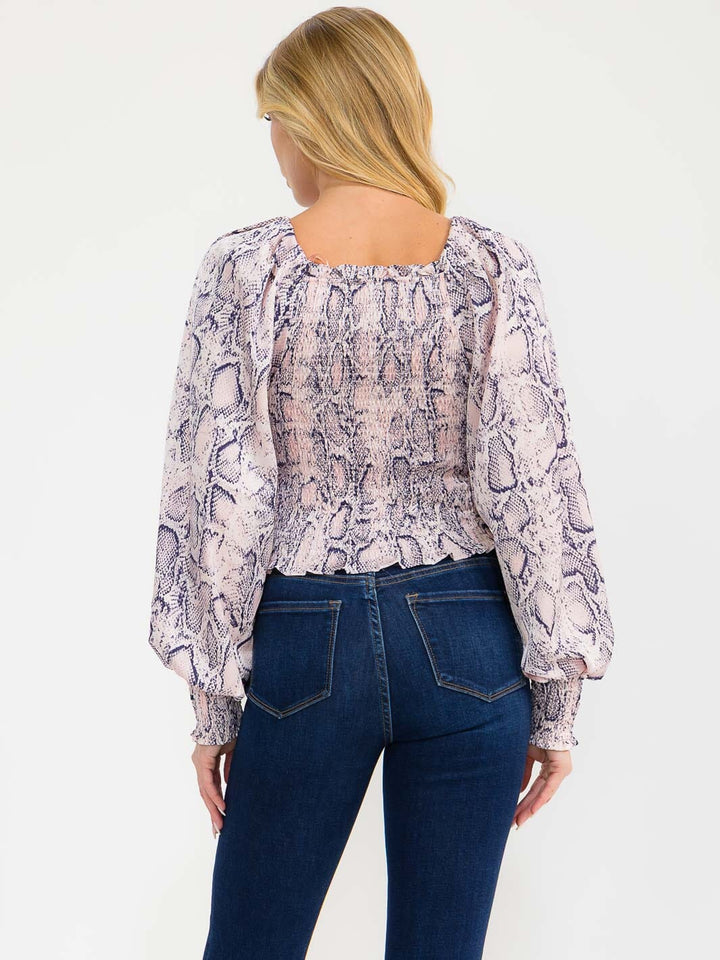 WOMEN'S LONG BALLOON SLEEVE OFF SHOULDER SMOCK ANIMAL PRINT BLOUSE