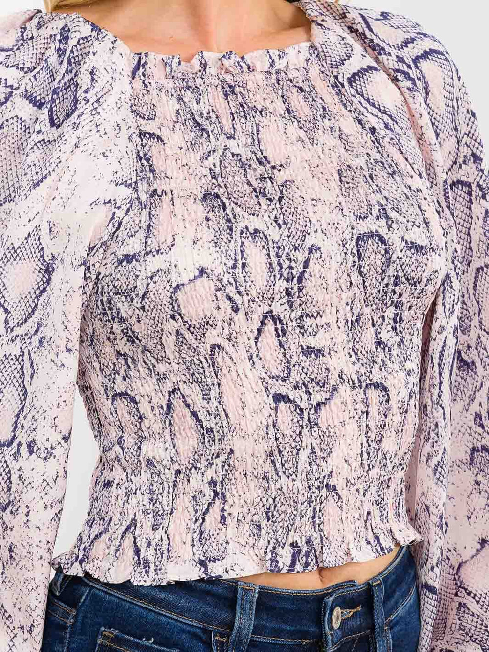 WOMEN'S LONG BALLOON SLEEVE OFF SHOULDER SMOCK ANIMAL PRINT BLOUSE