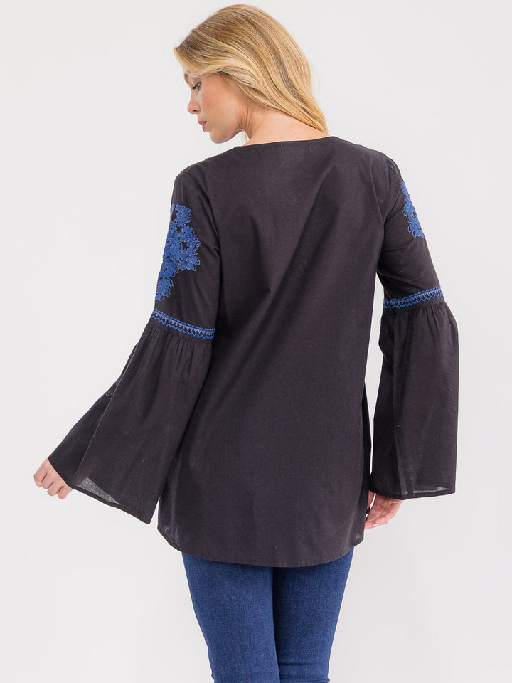 WOMEN'S LONG BELL SLEEVE V-NECK EMBROIDERY DETAILED TUNIC BLOUSE