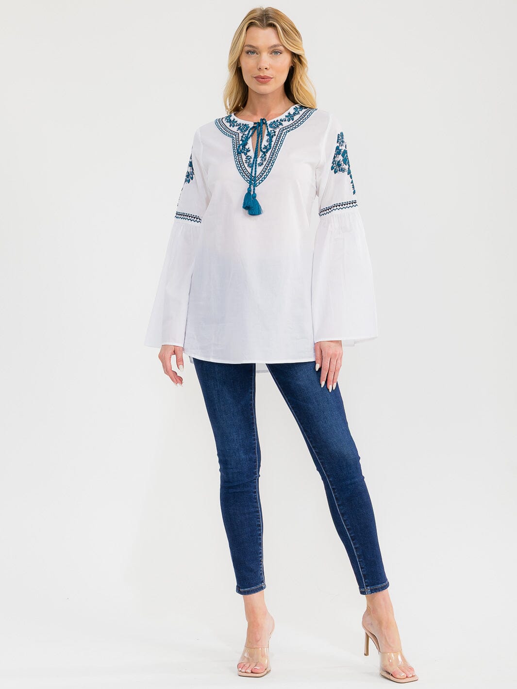 WOMEN'S LONG BELL SLEEVE V-NECK EMBROIDERY DETAILED TUNIC BLOUSE