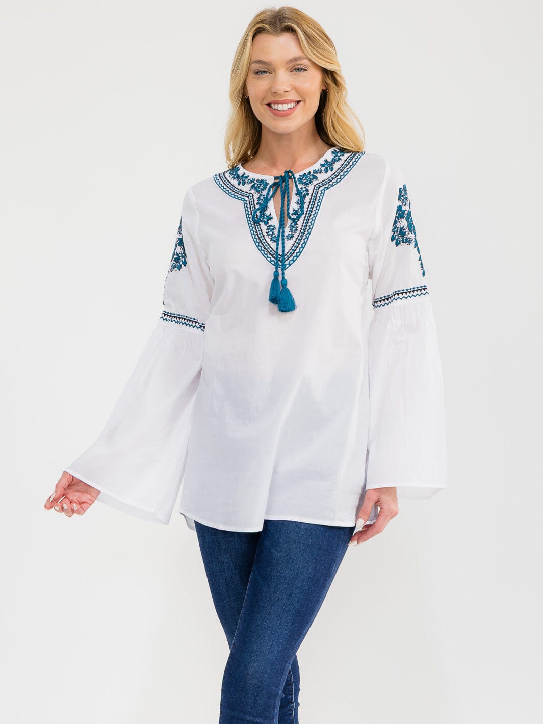 WOMEN'S LONG BELL SLEEVE V-NECK EMBROIDERY DETAILED TUNIC BLOUSE