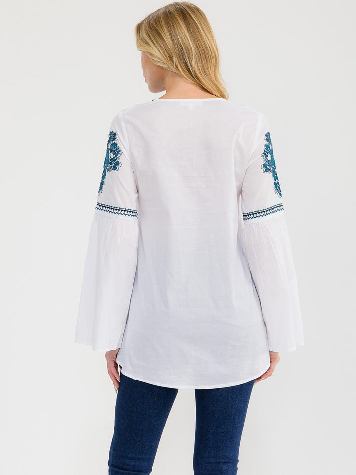 WOMEN'S LONG BELL SLEEVE V-NECK EMBROIDERY DETAILED TUNIC BLOUSE
