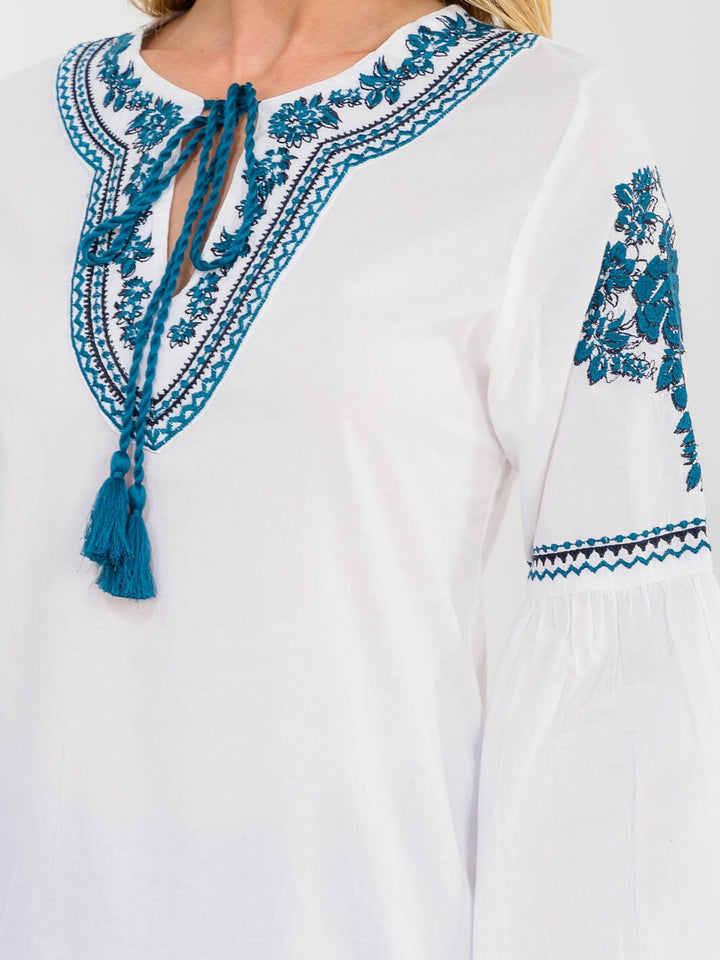 WOMEN'S LONG BELL SLEEVE V-NECK EMBROIDERY DETAILED TUNIC BLOUSE