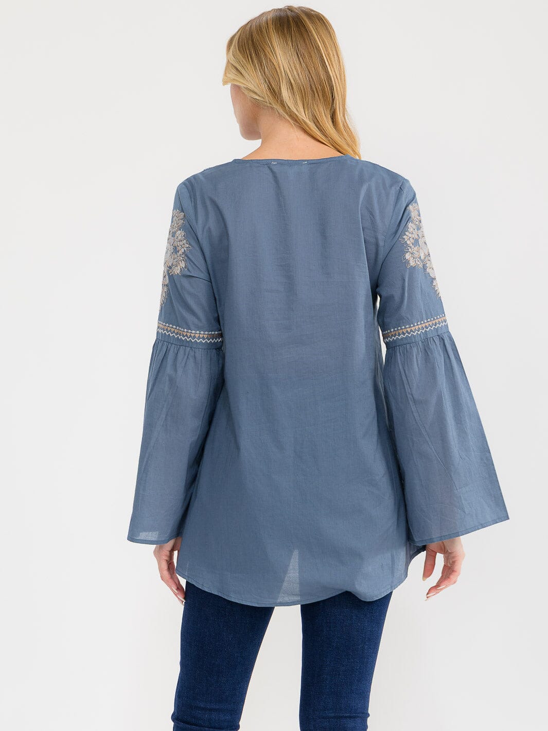 WOMEN'S LONG BELL SLEEVE V-NECK EMBROIDERY DETAILED TUNIC BLOUSE