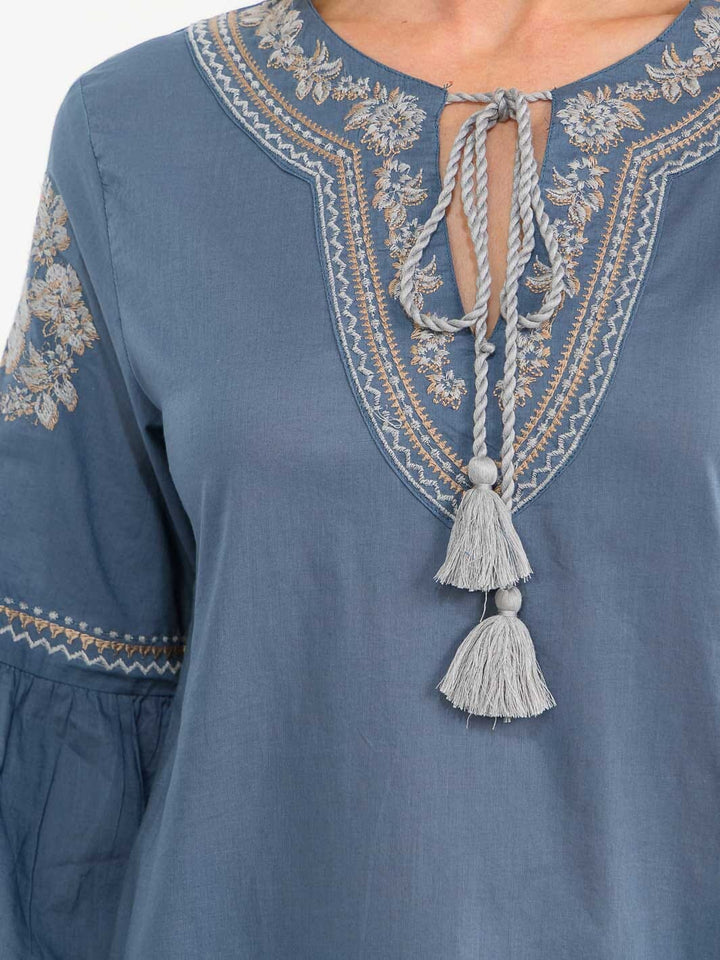 WOMEN'S LONG BELL SLEEVE V-NECK EMBROIDERY DETAILED TUNIC BLOUSE