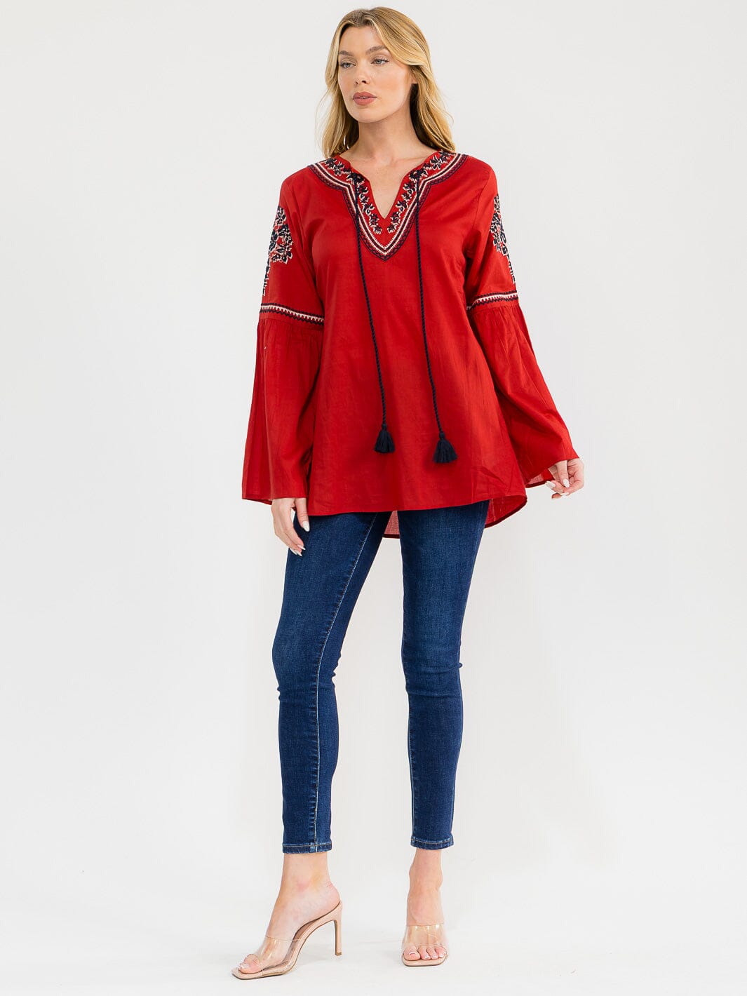 WOMEN'S LONG BELL SLEEVE V-NECK EMBROIDERY DETAILED TUNIC BLOUSE