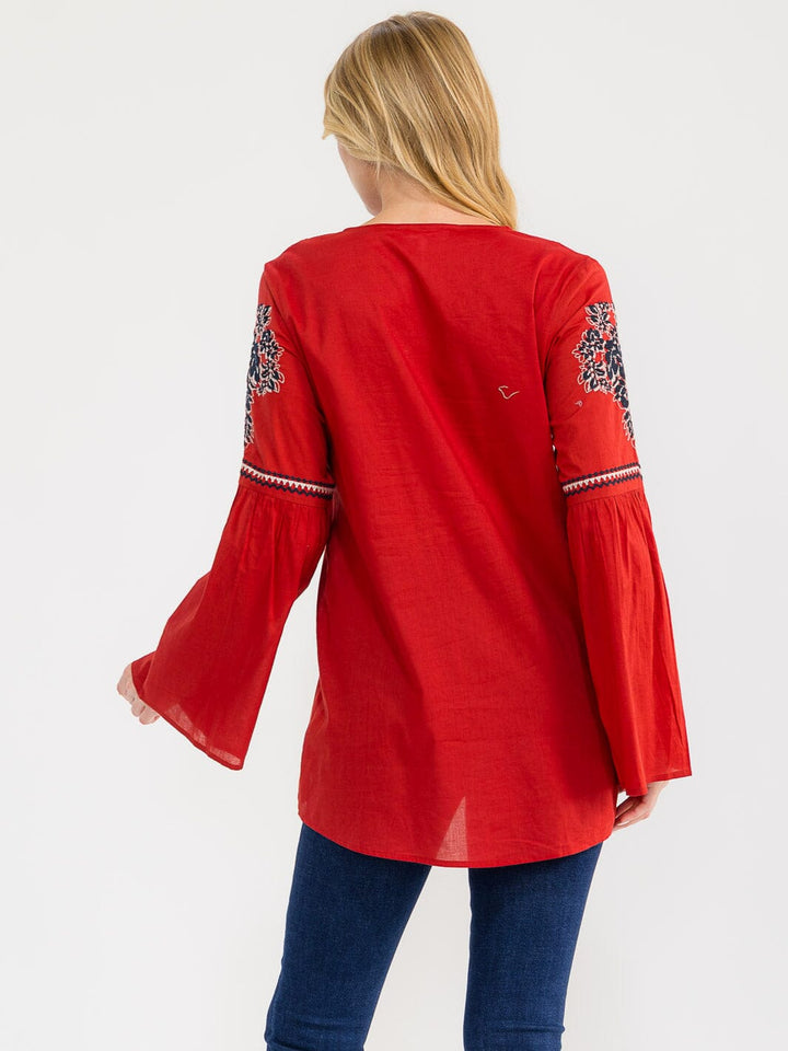 WOMEN'S LONG BELL SLEEVE V-NECK EMBROIDERY DETAILED TUNIC BLOUSE