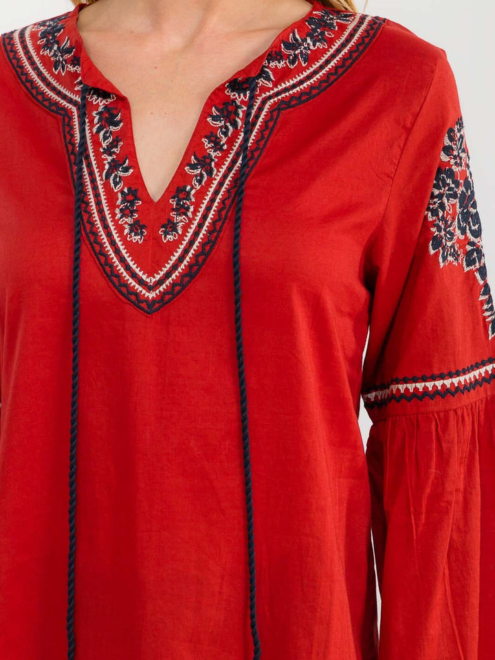 WOMEN'S LONG BELL SLEEVE V-NECK EMBROIDERY DETAILED TUNIC BLOUSE