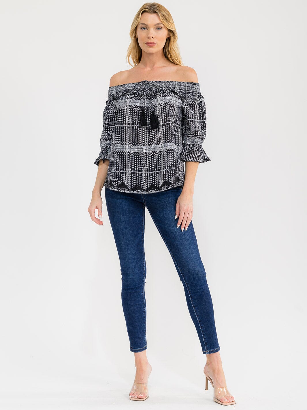 WOMEN'S 3/4 SLEEVE OFF SHOULDER PRINT BLOUSE