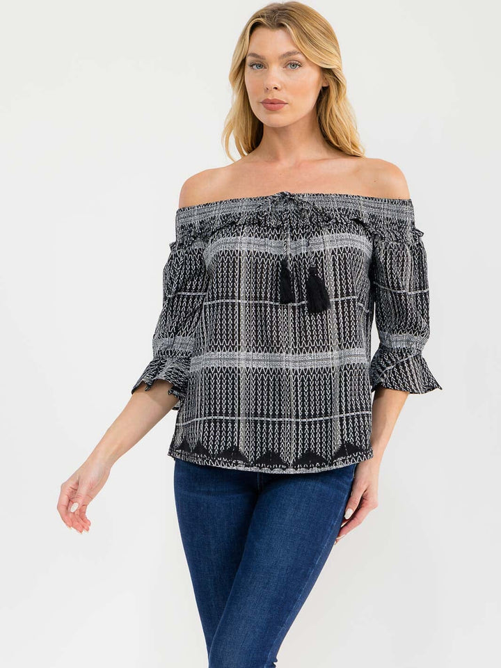 WOMEN'S 3/4 SLEEVE OFF SHOULDER PRINT BLOUSE