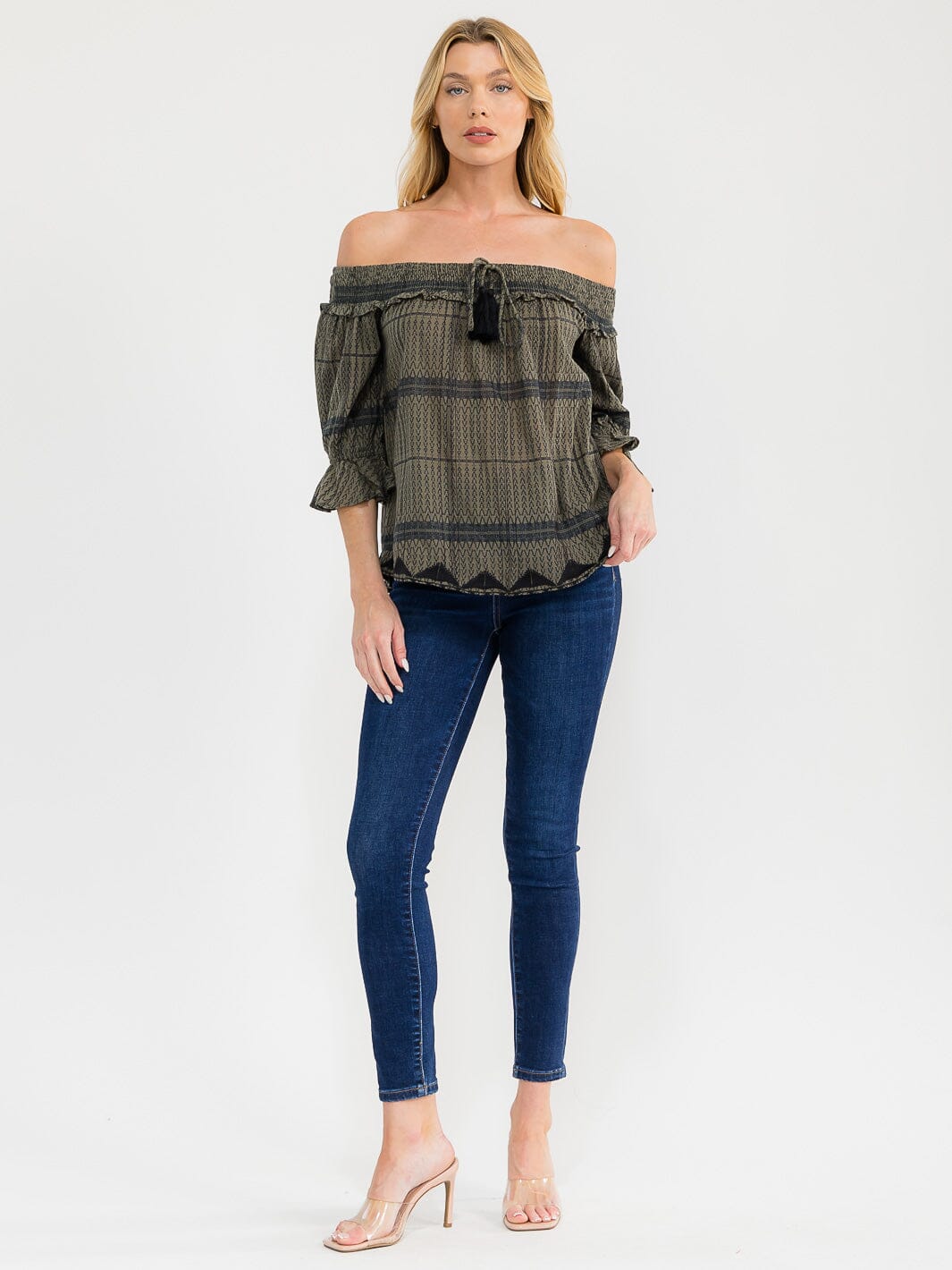 WOMEN'S 3/4 SLEEVE OFF SHOULDER PRINT BLOUSE