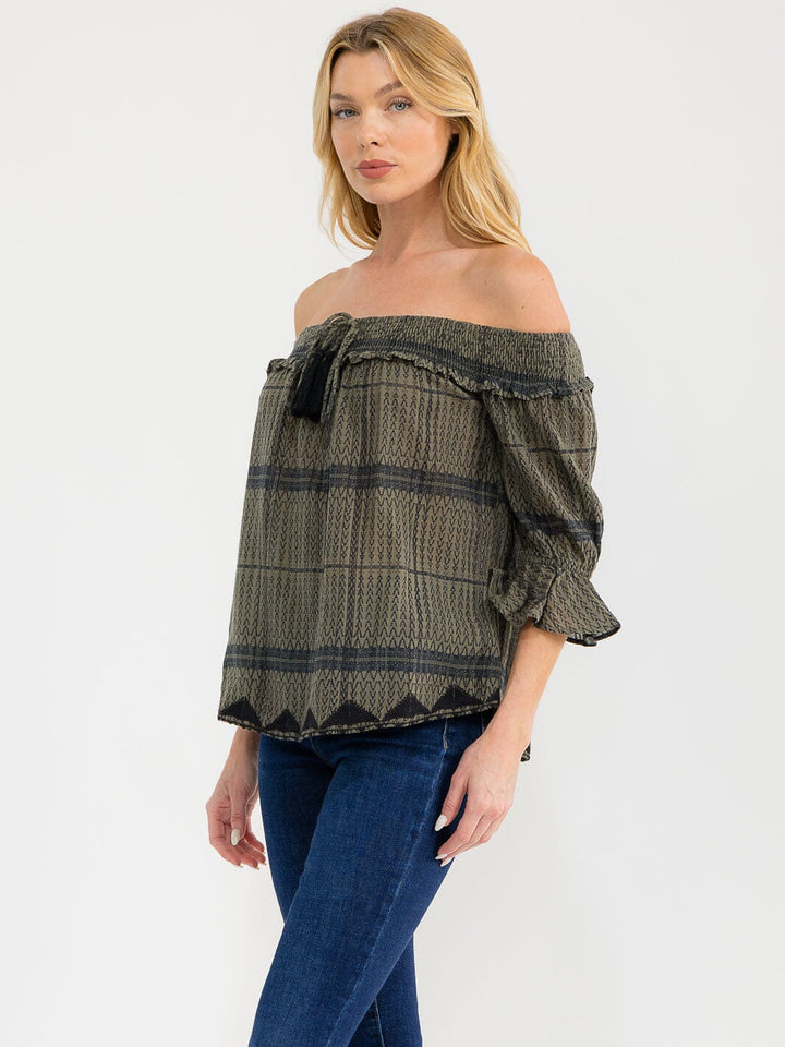 WOMEN'S 3/4 SLEEVE OFF SHOULDER PRINT BLOUSE