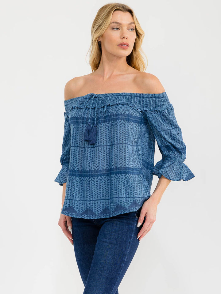 WOMEN'S 3/4 SLEEVE OFF SHOULDER PRINT BLOUSE