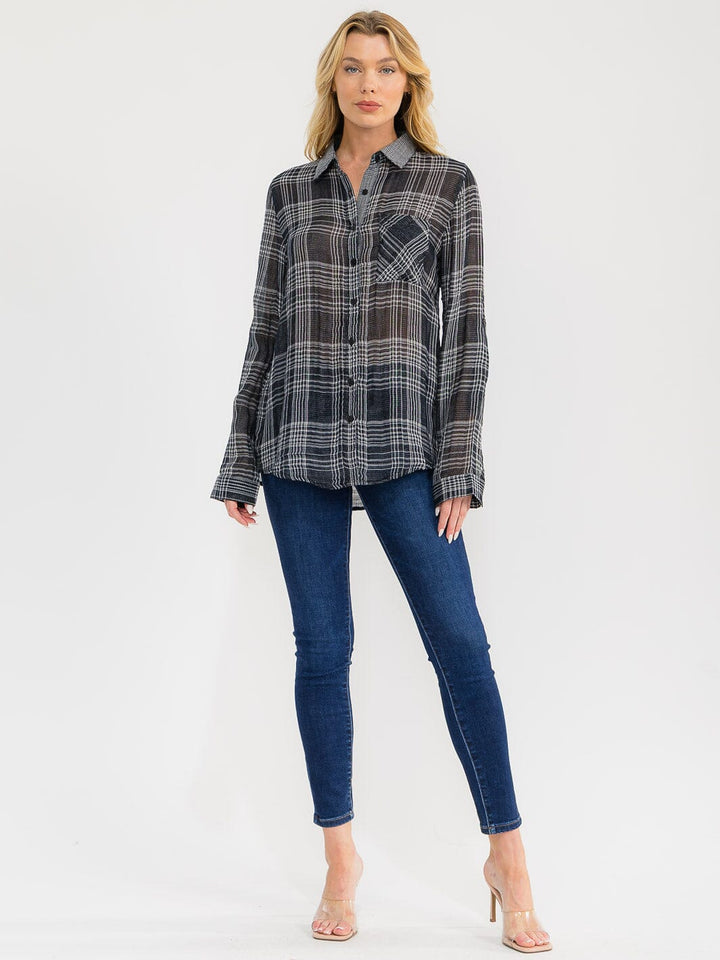 WOMEN'S LONG SLEEVE V-NECK BUTTON UP PLAID SHIRT