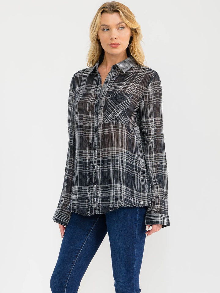 WOMEN'S LONG SLEEVE V-NECK BUTTON UP PLAID SHIRT