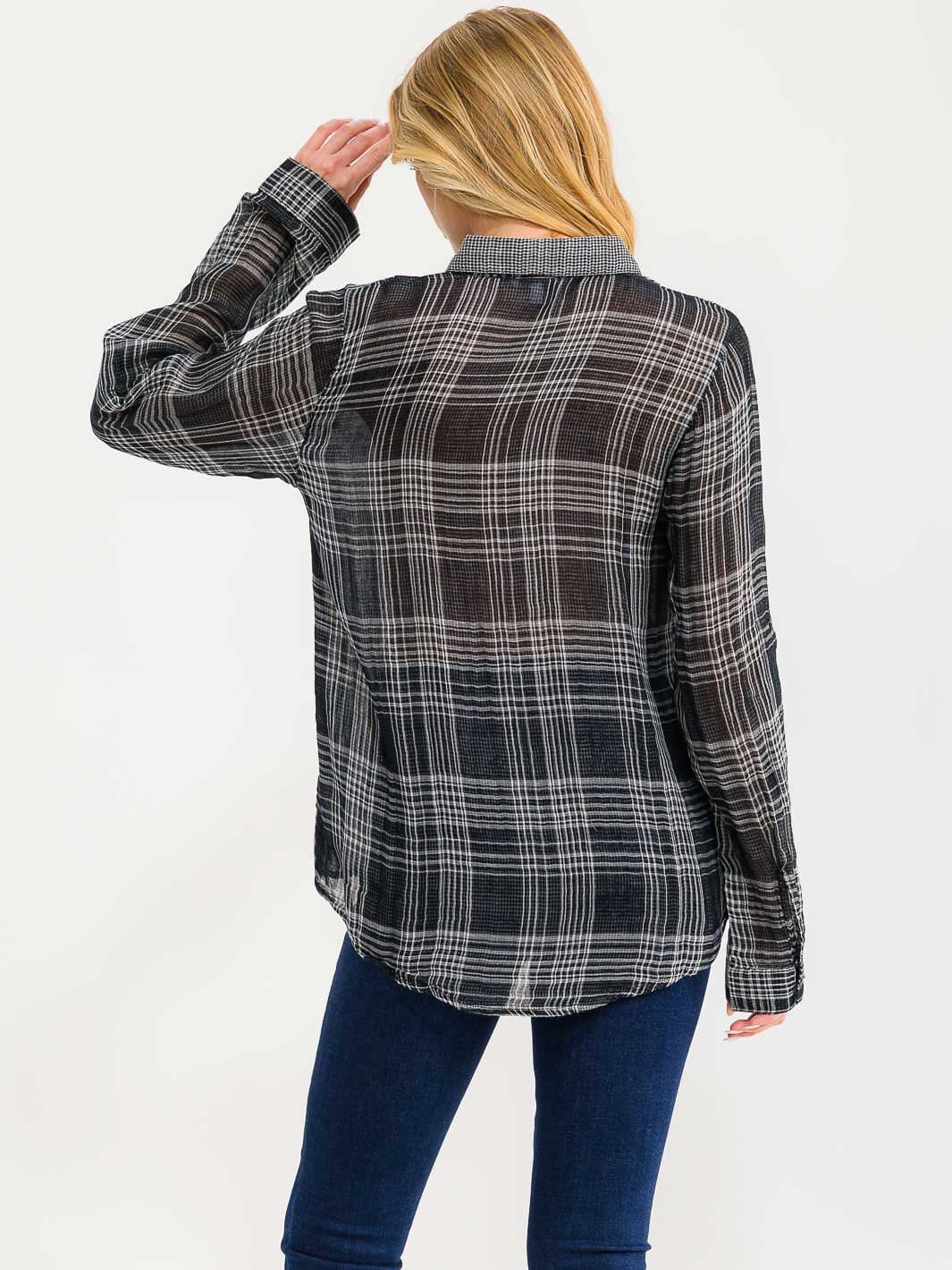 WOMEN'S LONG SLEEVE V-NECK BUTTON UP PLAID SHIRT