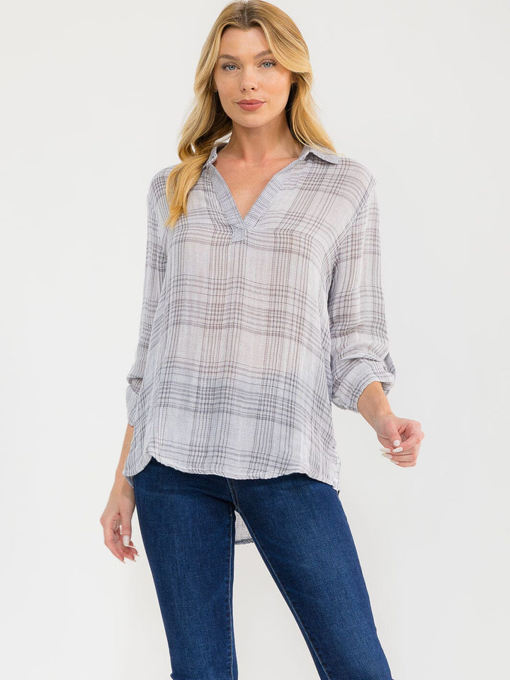 WOMEN'S LONG SLEEVE V-NECK BUTTON UP PLAID SHIRT