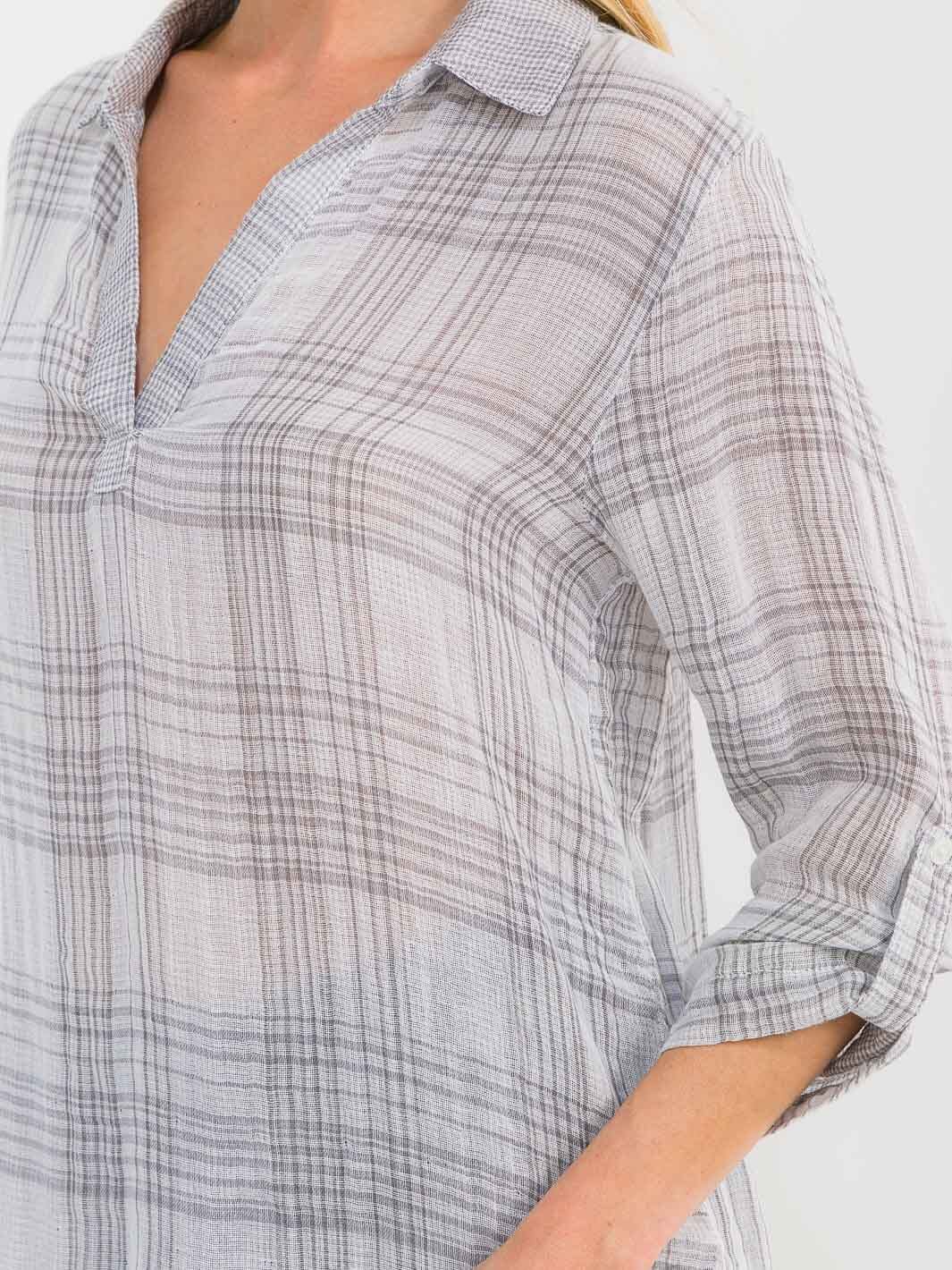 WOMEN'S LONG SLEEVE V-NECK BUTTON UP PLAID SHIRT