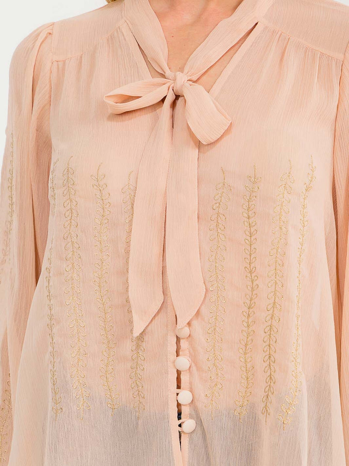 WOMEN'S LONG SLEEVE V-NECK BUTTON UP EMBROIDERY DETAILED SHEER BLOUSE