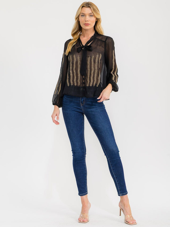 WOMEN'S LONG SLEEVE V-NECK BUTTON UP EMBROIDERY DETAILED SHEER BLOUSE