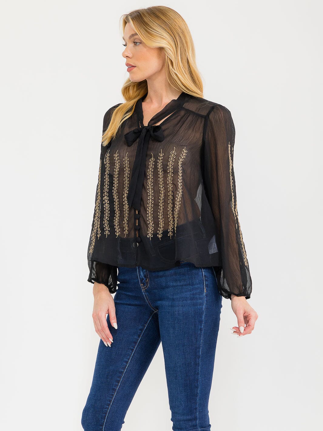 WOMEN'S LONG SLEEVE V-NECK BUTTON UP EMBROIDERY DETAILED SHEER BLOUSE