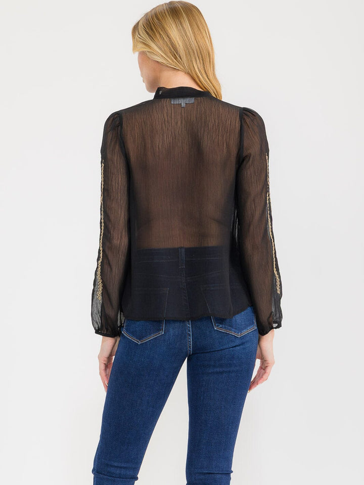 WOMEN'S LONG SLEEVE V-NECK BUTTON UP EMBROIDERY DETAILED SHEER BLOUSE