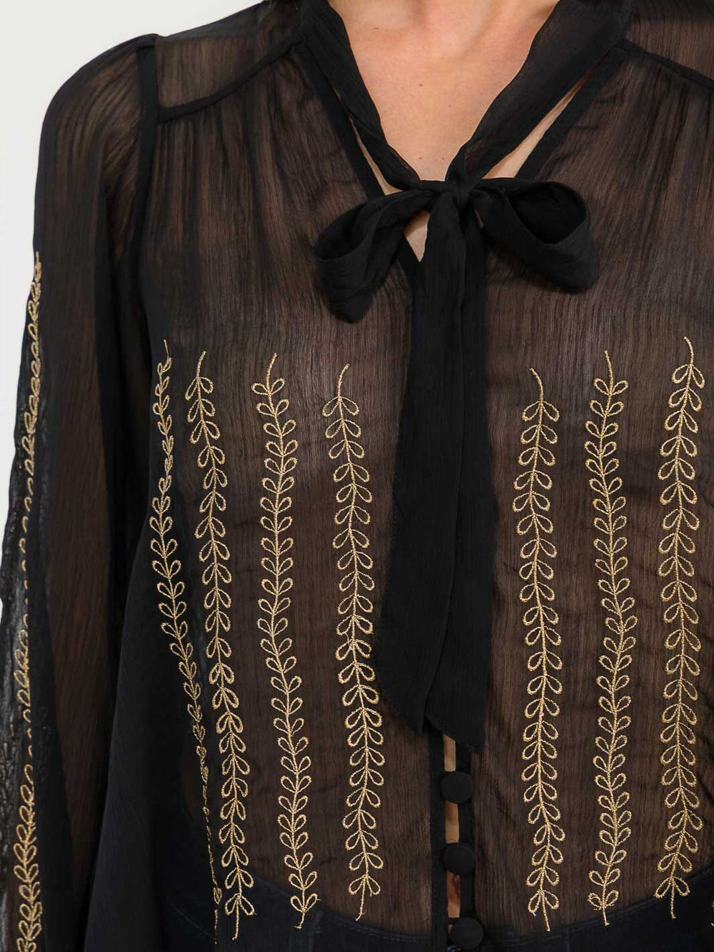WOMEN'S LONG SLEEVE V-NECK BUTTON UP EMBROIDERY DETAILED SHEER BLOUSE