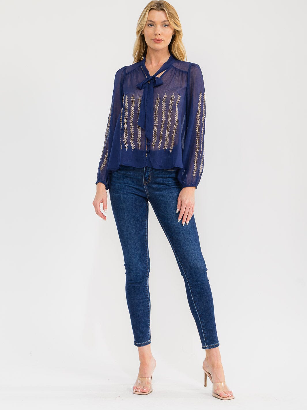 WOMEN'S LONG SLEEVE V-NECK BUTTON UP EMBROIDERY DETAILED SHEER BLOUSE