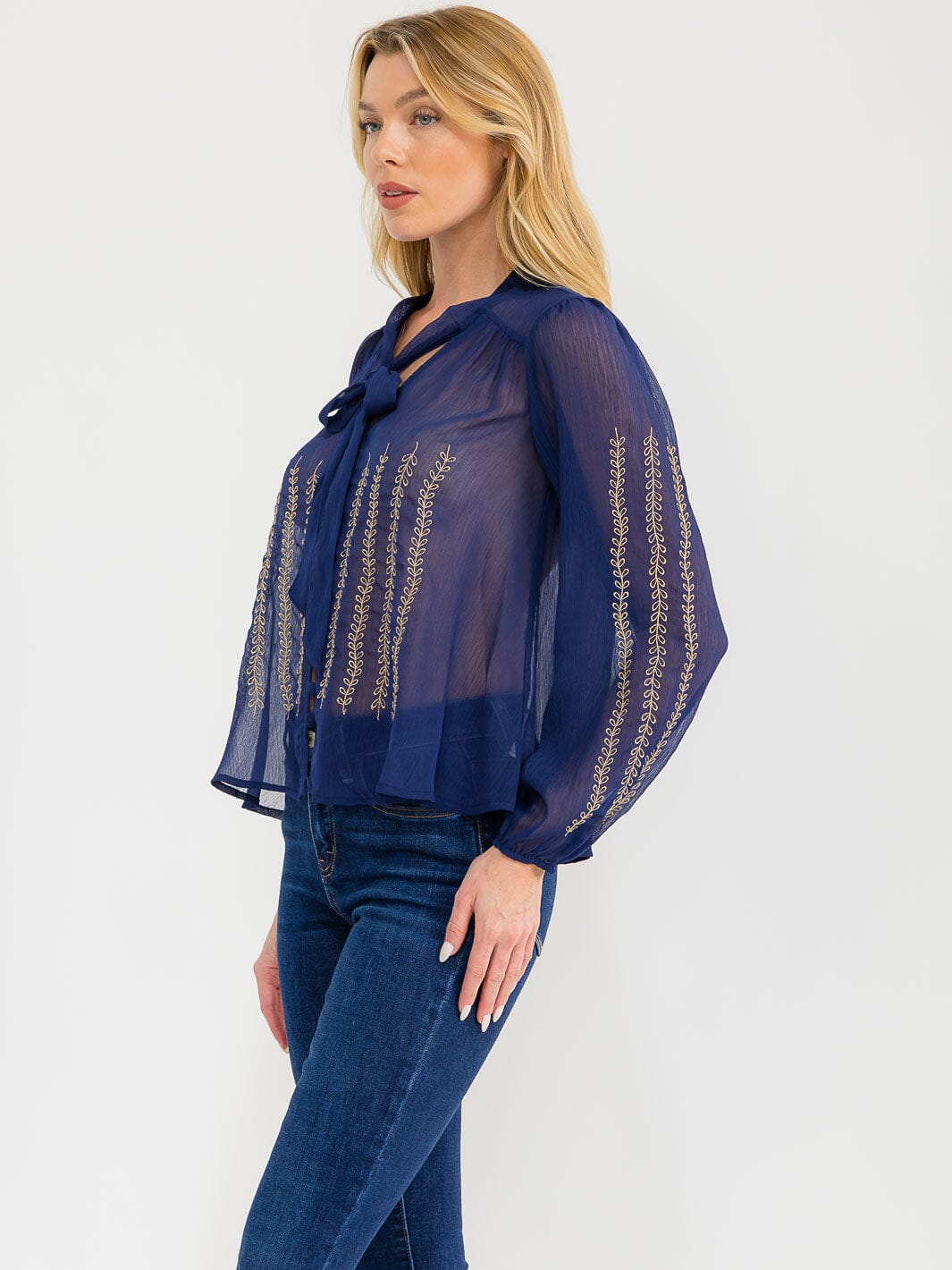 WOMEN'S LONG SLEEVE V-NECK BUTTON UP EMBROIDERY DETAILED SHEER BLOUSE