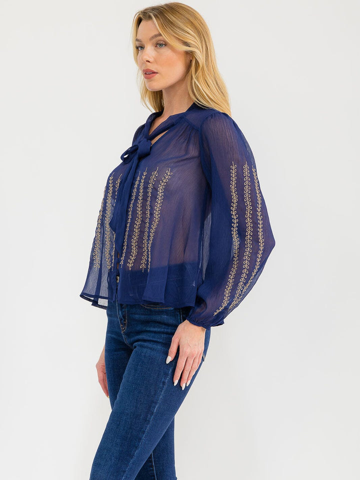 WOMEN'S LONG SLEEVE V-NECK BUTTON UP EMBROIDERY DETAILED SHEER BLOUSE