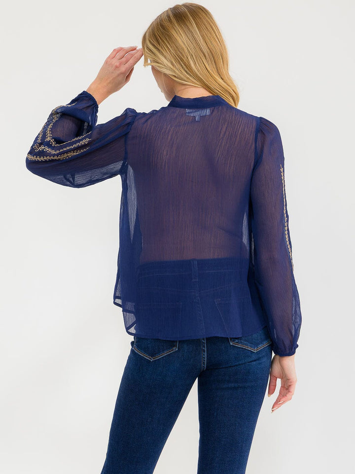 WOMEN'S LONG SLEEVE V-NECK BUTTON UP EMBROIDERY DETAILED SHEER BLOUSE