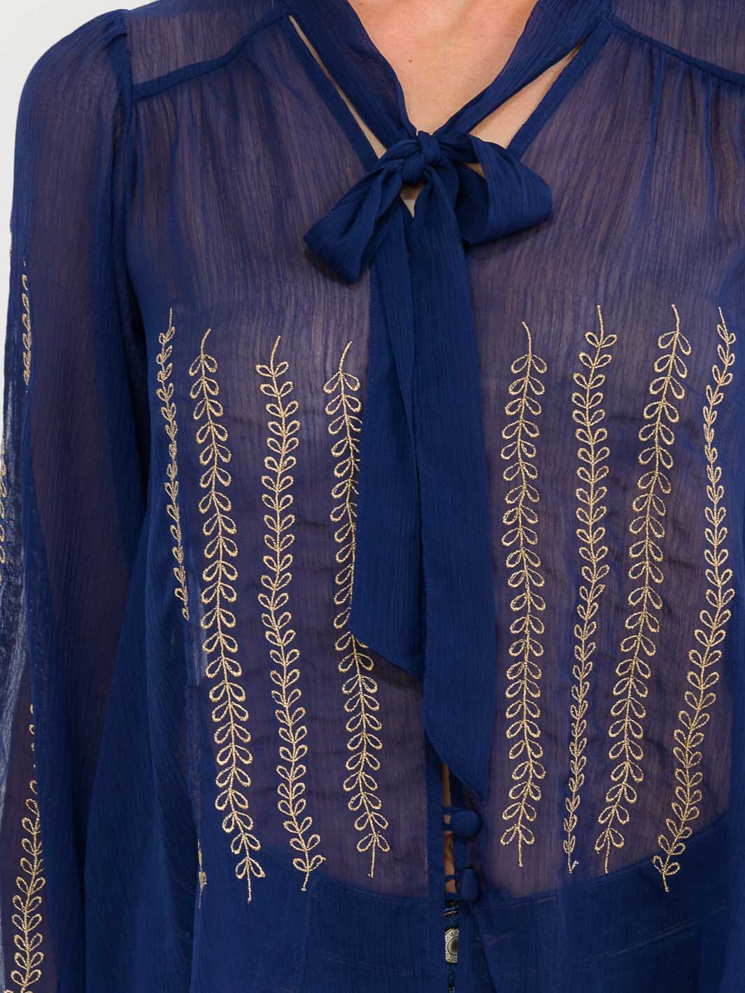 WOMEN'S LONG SLEEVE V-NECK BUTTON UP EMBROIDERY DETAILED SHEER BLOUSE