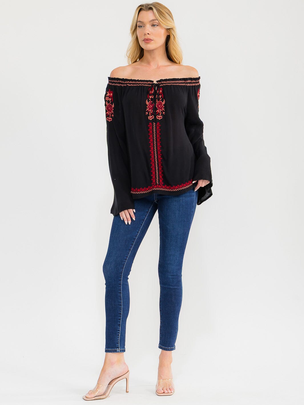 WOMEN'S LONG BELL SLEEVE EMBROIDERY DETAILED TUNIC BLOUSE